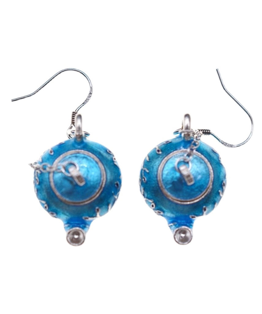 Chinese Style Blue Sterling Silver Cloisonne Plum Blossom Teapot Hoop Earrings RB011