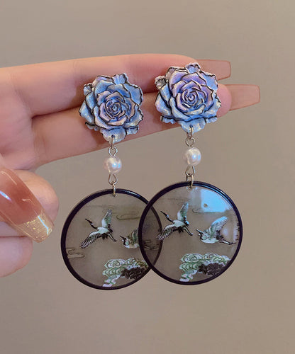 Boucles d'oreilles pendantes en argent sterling de style chinois avec perles florales bleues et grue couronnée QQ023