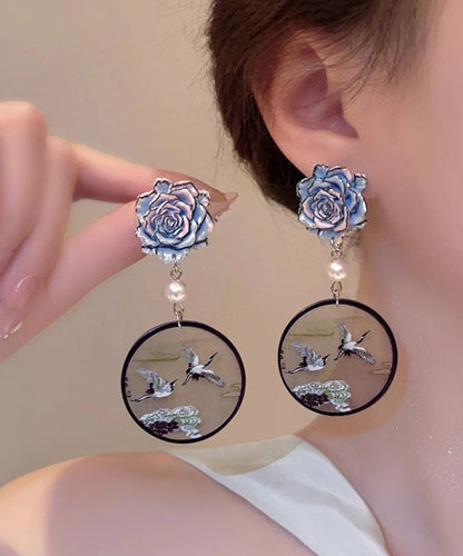 Boucles d'oreilles pendantes en argent sterling de style chinois avec perles florales bleues et grue couronnée QQ023