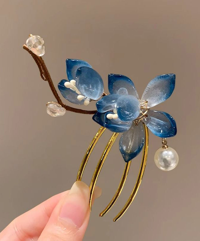 Chinese Style Blue Sterling Silver Overgild U Shaped Floral Hairpin QD038