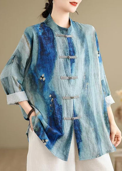 Chinesischen Stil Blau Tie Dye Orientalischen Knopf Baumwolle Shirts Frühling TJ013