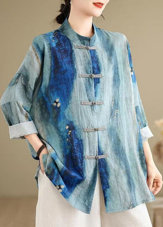 Chinesischen Stil Blau Tie Dye Orientalischen Knopf Baumwolle Shirts Frühling TJ013