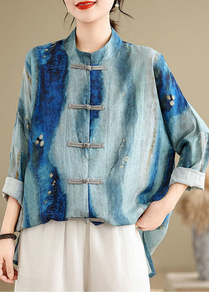 Chinesischen Stil Blau Tie Dye Orientalischen Knopf Baumwolle Shirts Frühling TJ013