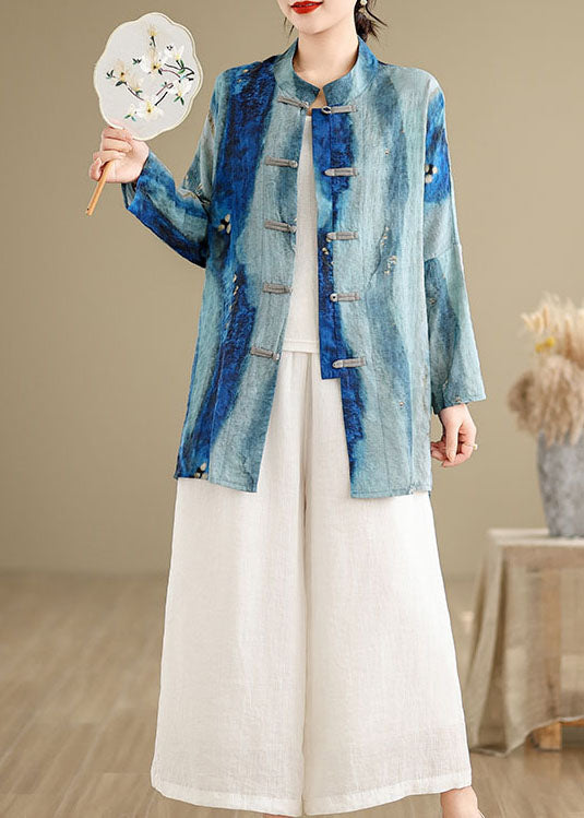 Chinesischen Stil Blau Tie Dye Orientalischen Knopf Baumwolle Shirts Frühling TJ013