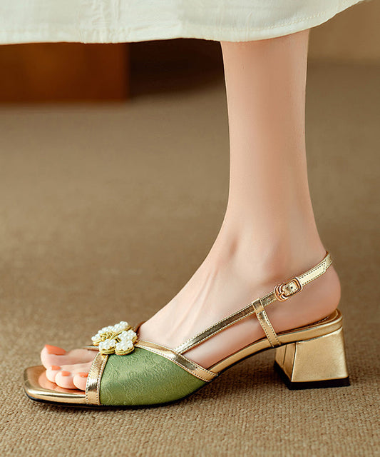 Chinese Style Chunky Sandals Green Cowhide Leather Peep Toe WT022