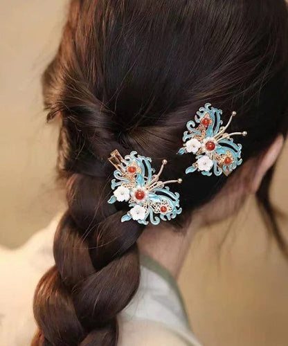 Haarnadel im chinesischen Stil mit Farbblock-Design, Sterlingsilber, vergoldet, Glocke, Orchidee, Schmetterling, Perle, TS010