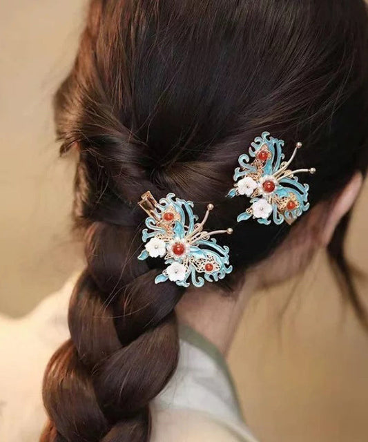 Haarnadel im chinesischen Stil mit Farbblock-Design, Sterlingsilber, vergoldet, Glocke, Orchidee, Schmetterling, Perle, TS010