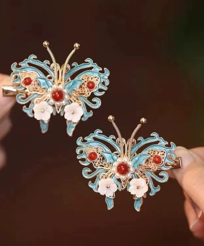 Haarnadel im chinesischen Stil mit Farbblock-Design, Sterlingsilber, vergoldet, Glocke, Orchidee, Schmetterling, Perle, TS010