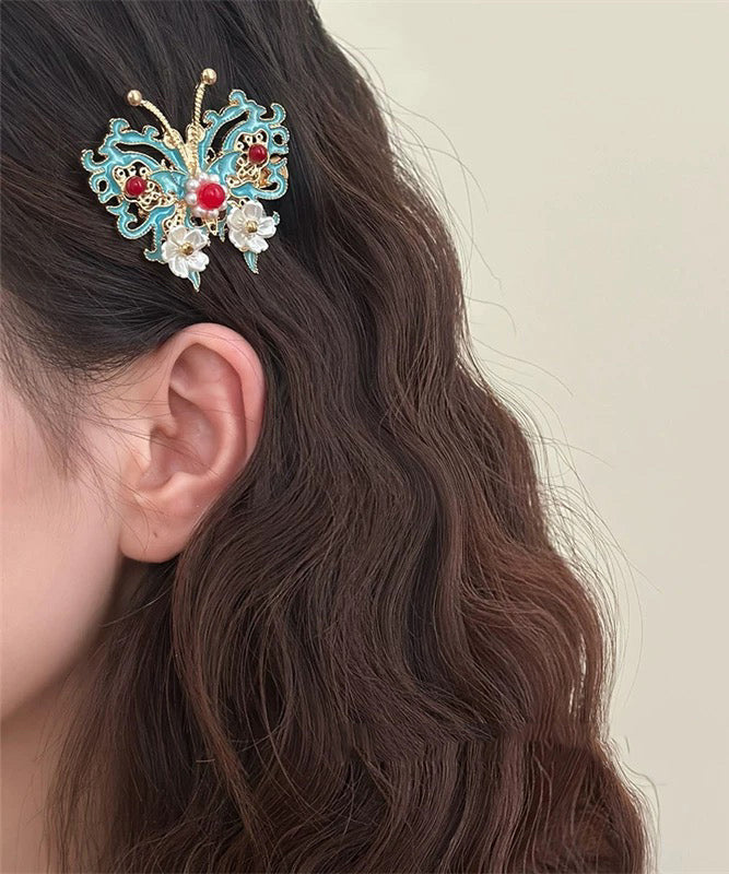 Haarnadel im chinesischen Stil mit Farbblock-Design, Sterlingsilber, vergoldet, Glocke, Orchidee, Schmetterling, Perle, TS010