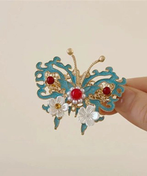Haarnadel im chinesischen Stil mit Farbblock-Design, Sterlingsilber, vergoldet, Glocke, Orchidee, Schmetterling, Perle, TS010