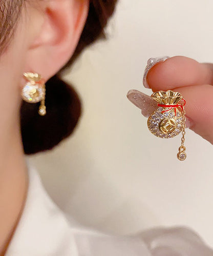 Chinese Style Copper 14K Gold Zircon Blessing Bag Tassel Stud Earrings WZ006