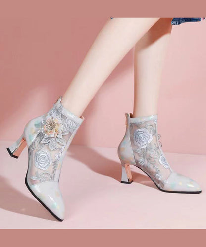 Chinese Style Embroidered Mesh Patchwork Chunky Heel Boots CZ1029