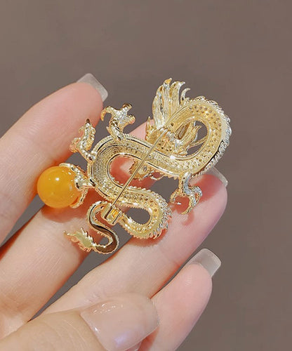 Broche en alliage d'argent sterling doré et zircon de style chinois avec dragon doré jouant avec des perles WP013