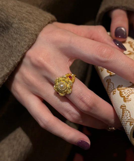 Chinese Overgild Pearl Rings Stone Style Sterling Gold Gem Silver