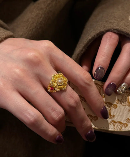 Chinese Overgild Pearl Rings Stone Style Sterling Gold Gem Silver