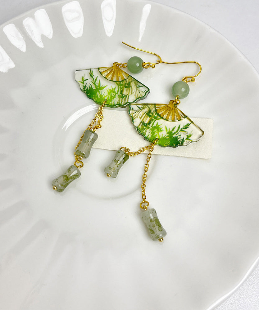 Chinese Style Green Acrylic Alloy Jade Bamboo Fan Tassel Drop Earrings WH039