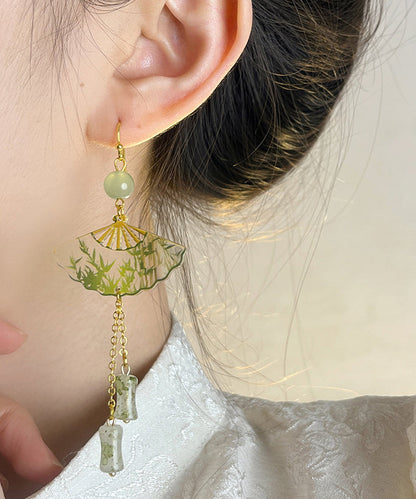 Boucles d'oreilles pendantes en alliage acrylique vert de style chinois en jade et bambou WH039