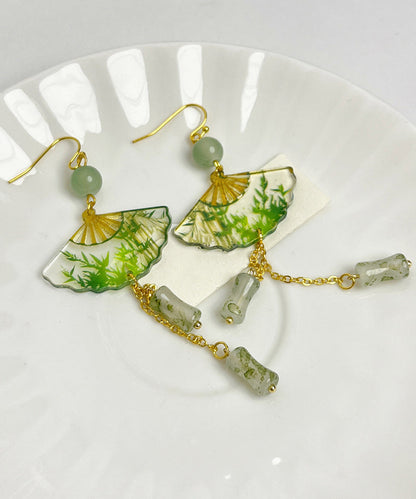 Boucles d'oreilles pendantes en alliage acrylique vert de style chinois en jade et bambou WH039