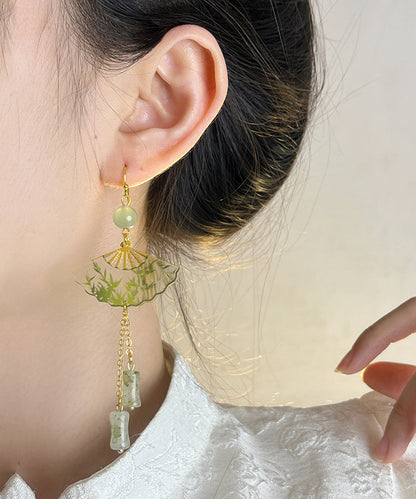 Boucles d'oreilles pendantes en alliage acrylique vert de style chinois en jade et bambou WH039