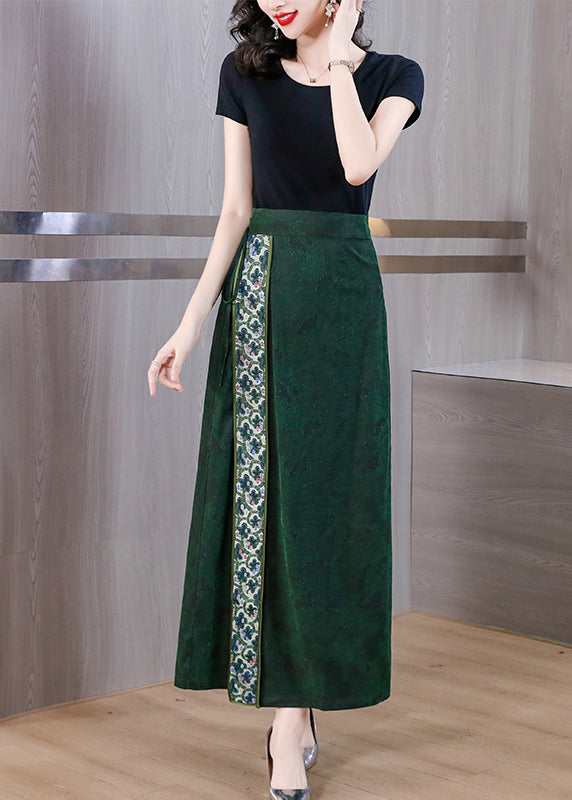 Chinese Style Green Asymmetrical Print Silk Skirts Spring QQ1030