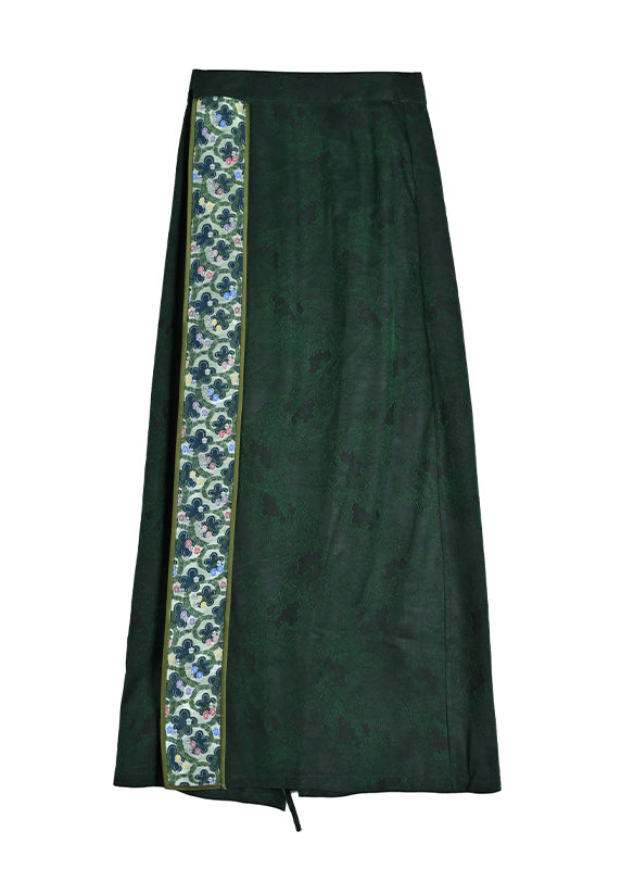 Chinese Style Green Asymmetrical Print Silk Skirts Spring QQ1030