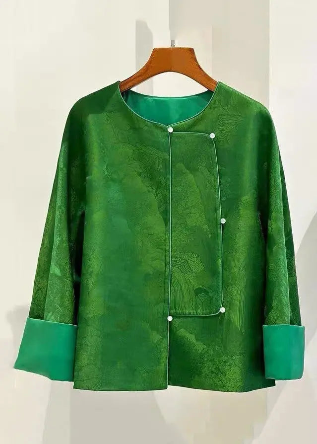 Chinese Style Green O Neck Button Silk Coats Long Sleeve Ada Fashion