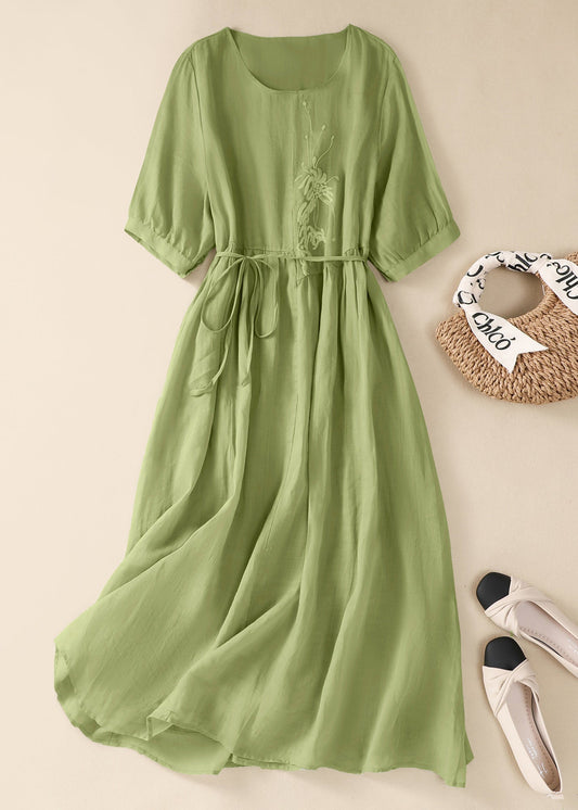 Chinese Style Green O-Neck Embroidered Tie Waist Cotton Dresses Summer AM1047