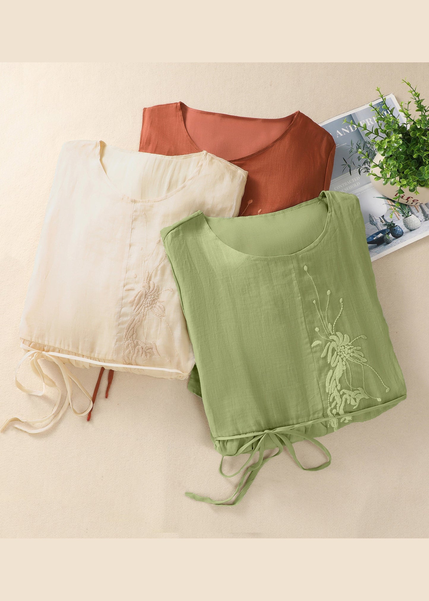 Chinese Style Green O-Neck Embroidered Tie Waist Cotton Dresses Summer AM1047