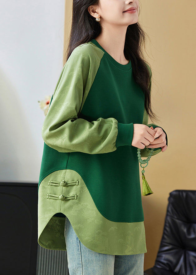 Chinesischen Stil Grün O Neck Jacquard Patchwork Baumwolle Sweatshirts Top Frühling TQ036