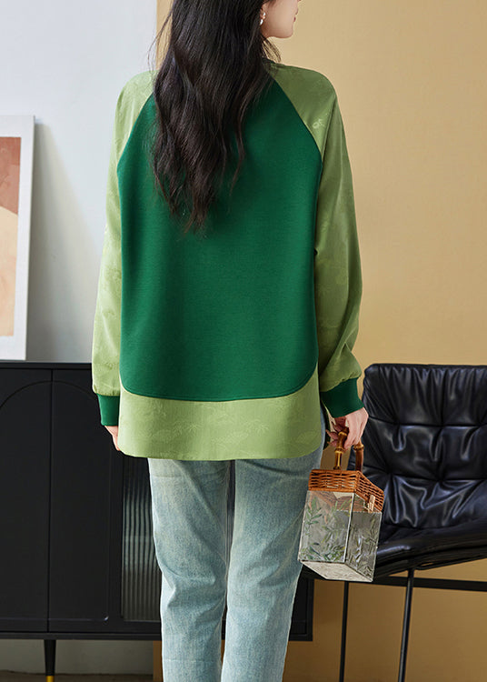 Chinesischen Stil Grün O Neck Jacquard Patchwork Baumwolle Sweatshirts Top Frühling TQ036
