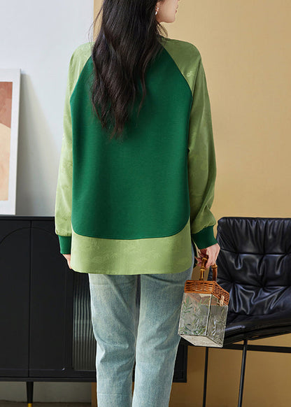 Chinesischen Stil Grün O Neck Jacquard Patchwork Baumwolle Sweatshirts Top Frühling TQ036