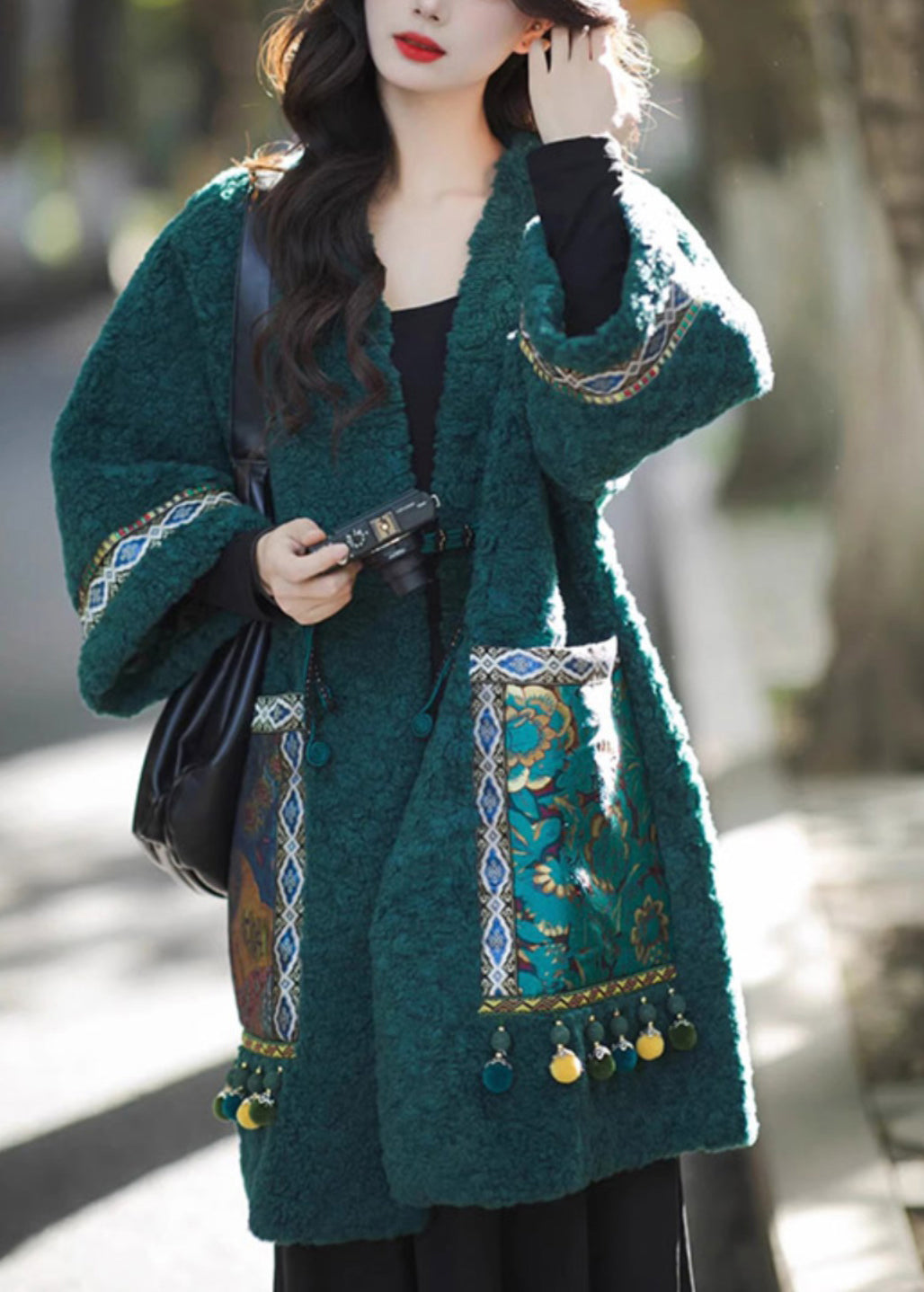 Chinese Style Green Pockets Oriental Button Patchwork Faux Fur Coat Winter RS044