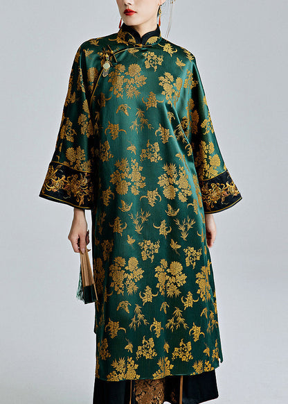 Chinese Style Green Stand Collar Jacquard Button Silk Dresses Spring Ada Fashion