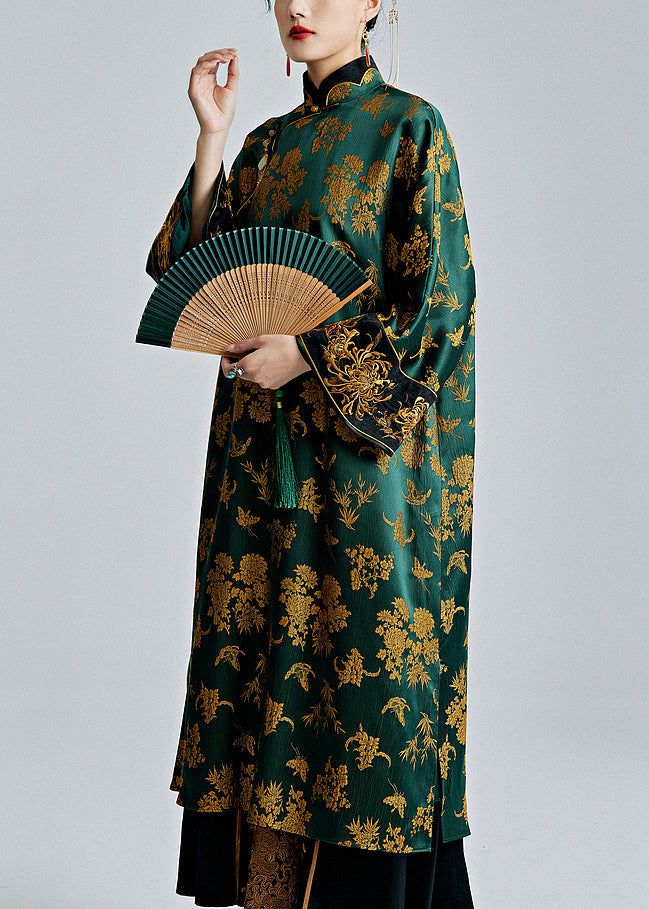 Chinese Style Green Stand Collar Jacquard Button Silk Dresses Spring Ada Fashion