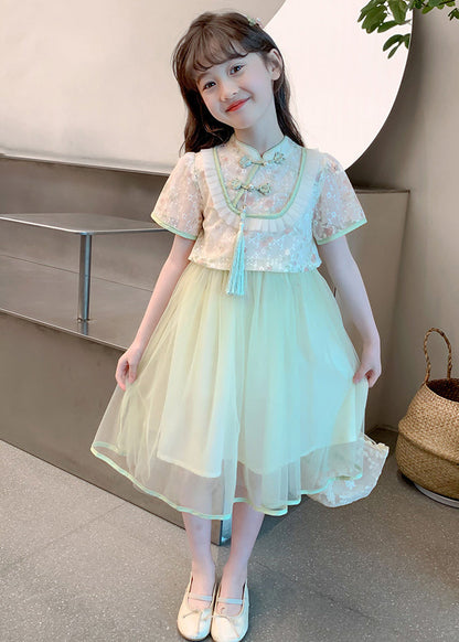 Robe longue d'été en tulle à deux pièces pour filles, style chinois, col montant, pompon, vert, MN009