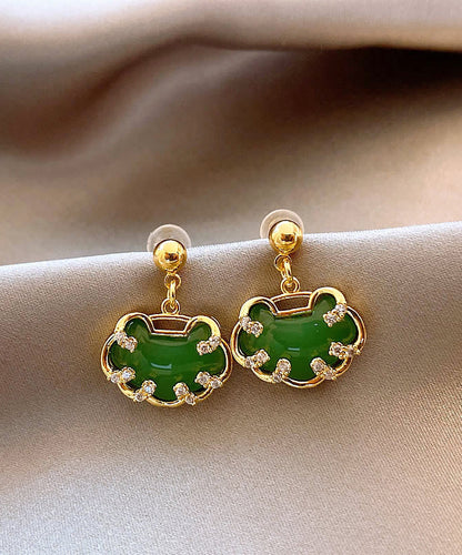 Boucles d'oreilles à tige en argent sterling vert de style chinois avec fermoir de sécurité en jade et zircone surdoré WH045