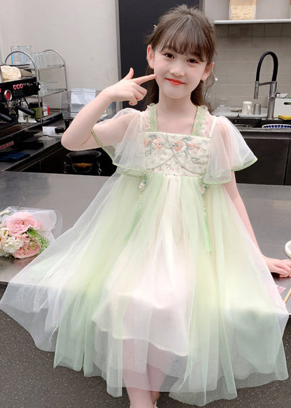 Robe longue d'été en tulle brodé à pompons verts de style chinois pour filles TT030