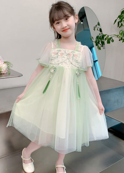 Robe longue d'été en tulle brodé à pompons verts de style chinois pour filles TT030