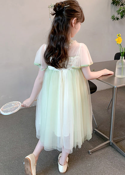 Robe longue d'été en tulle brodé à pompons verts de style chinois pour filles TT030