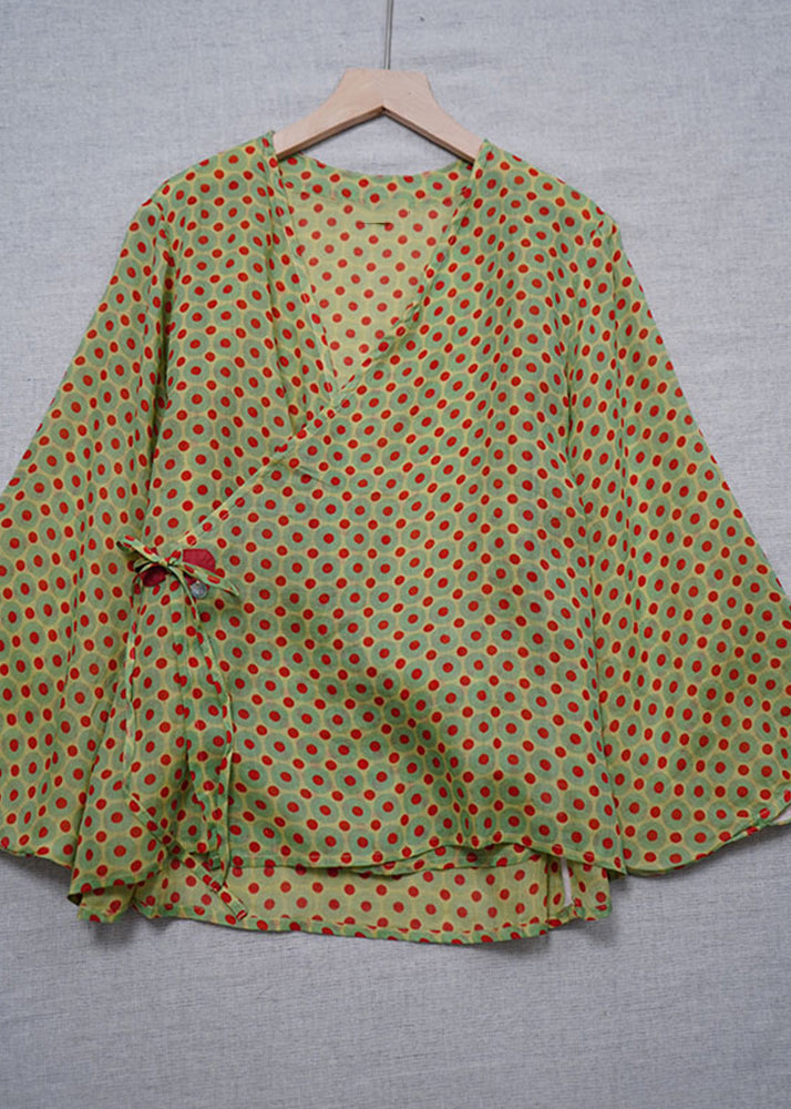 Chinese Style Light Green V Neck Print Tie Waist Top Long Sleeve AM1052