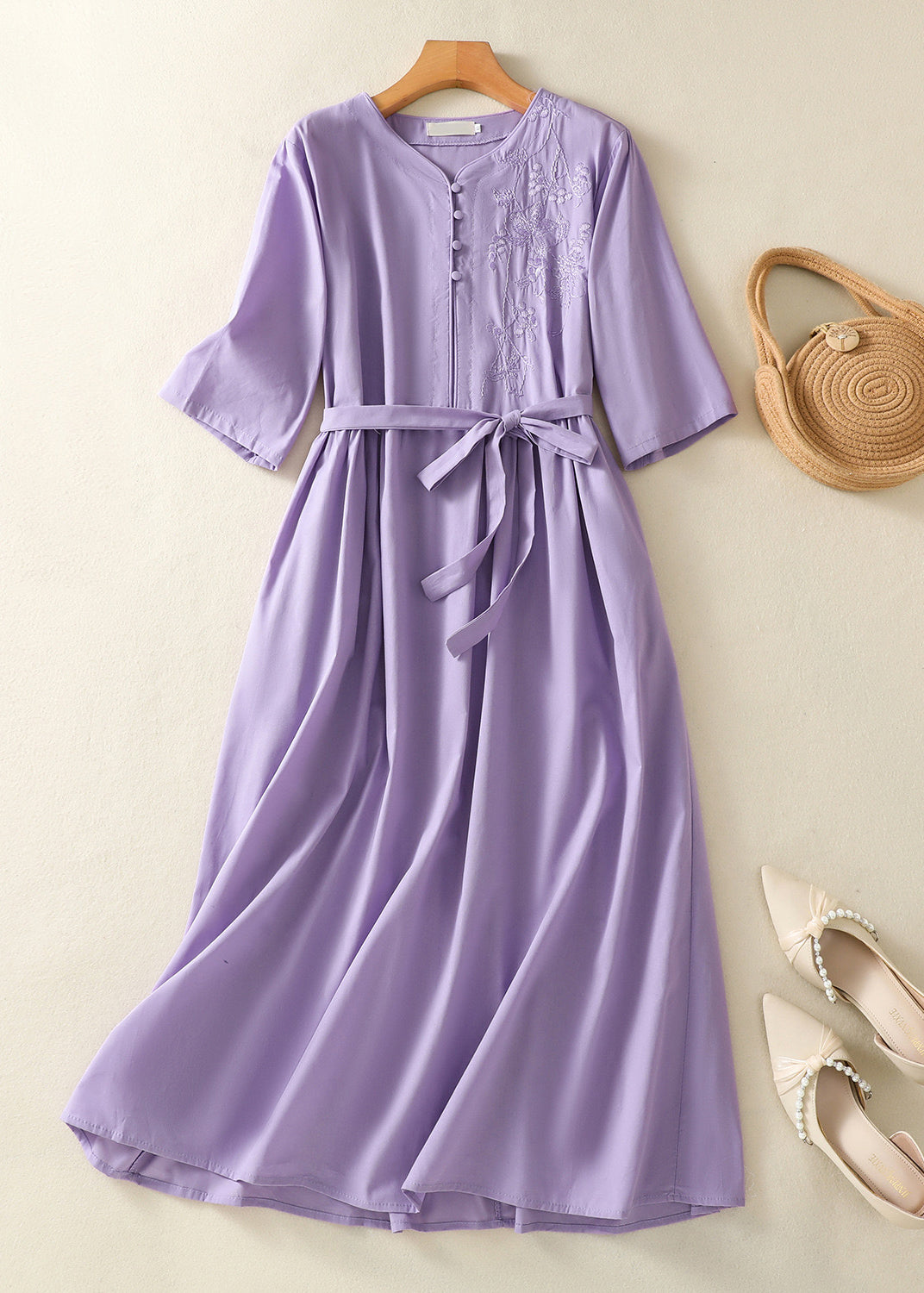 Chinese Style Light Purple Embroidered Tie Waist Cotton Dress Summer AM1051