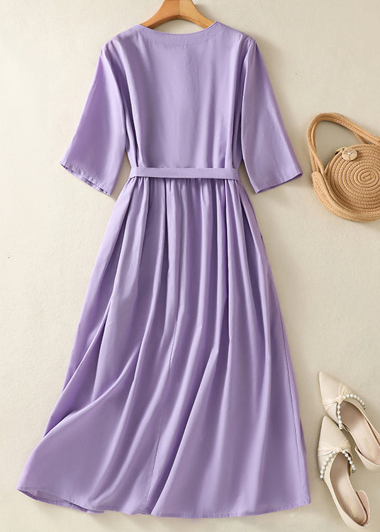 Chinese Style Light Purple Embroidered Tie Waist Cotton Dress Summer AM1051