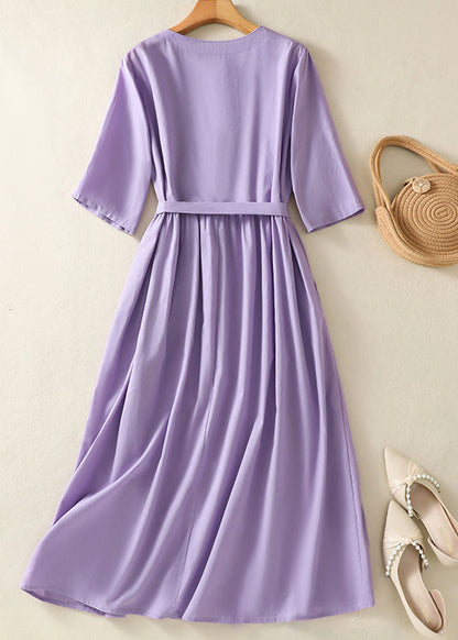 Robe d'été en coton violet clair brodée de style chinois avec ceinture nouée AM1051