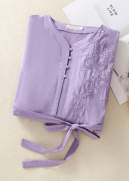 Robe d'été en coton violet clair brodée de style chinois avec ceinture nouée AM1051