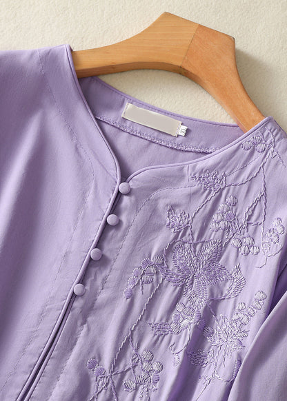 Robe d'été en coton violet clair brodée de style chinois avec ceinture nouée AM1051