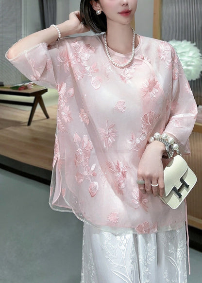 Chinese Style Pink Embroidered Lace Up Tulle Blouses Spring Ada Fashion