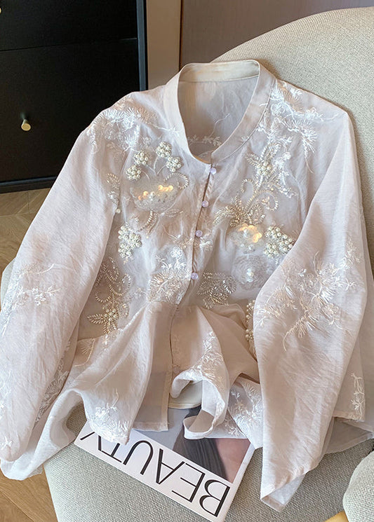 Chemise en coton brodée de paillettes roses de style chinois, perles à ongles, printemps YF017
