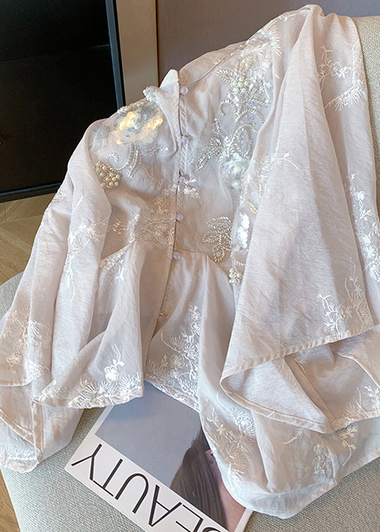 Chemise en coton brodée de paillettes roses de style chinois, perles à ongles, printemps YF017