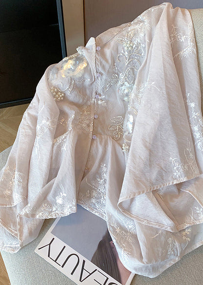 Chemise en coton brodée de paillettes roses de style chinois, perles à ongles, printemps YF017