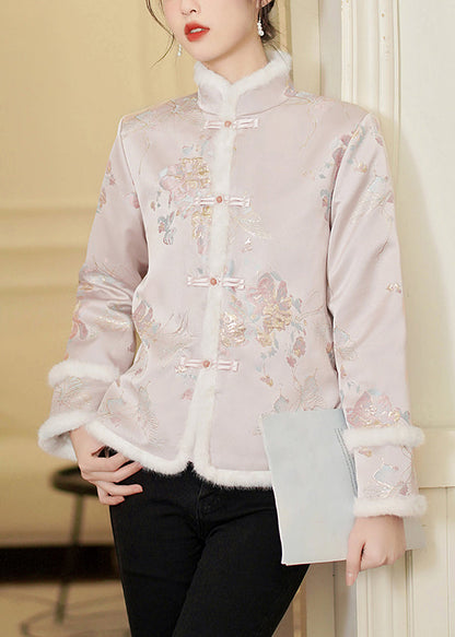 Parka épaisse en patchwork avec col en fourrure rose de style chinois pour l'hiver QG030